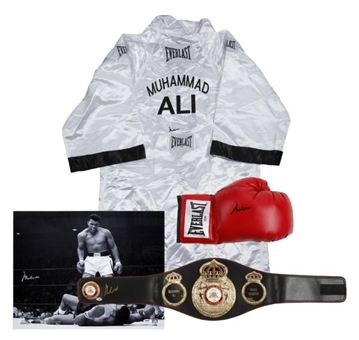 Collection of (4) Muhammad Ali Signed Items - Robe, Belt, Glove, and 16x20 Photo (Presented by Taste of the NFL)
